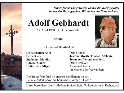 Traueranzeige Adolf Gebhardt, Mantel
