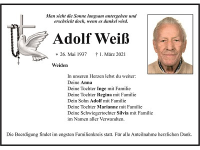 Traueranzeige Adolf Weiß, Weiden