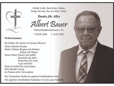 Traueranzeige Albert Bauer, Weiherhammer