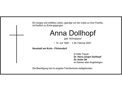 Traueranzeige Anna Dollhopf, Neustadt am Kulm
