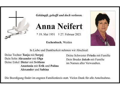 Traueranzeige Anna Neifert, Eschenbach