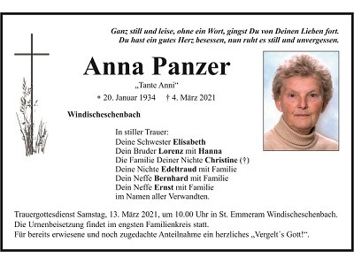 Traueranzeige Anna Panzer, Windischeschenbach