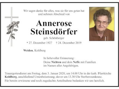 Traueranzeige Annerose Steinsdörfer, Weiden