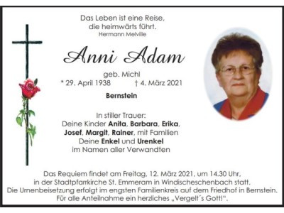 Traueranzeige Anni Adam, Bernstein