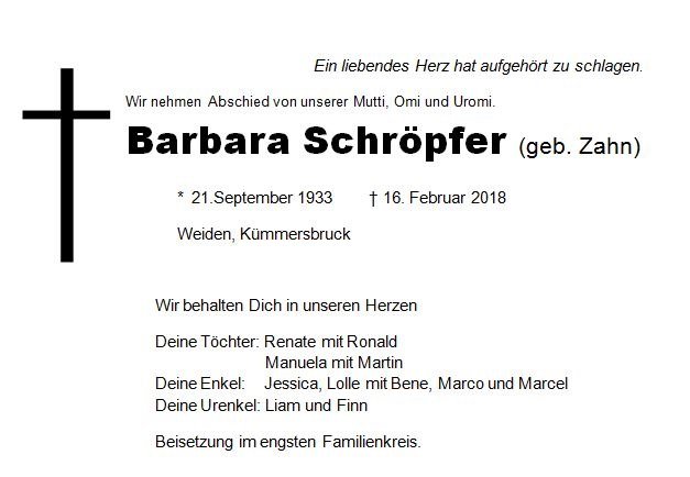 Traueranzeige Barbara Schröpfer, Weiden