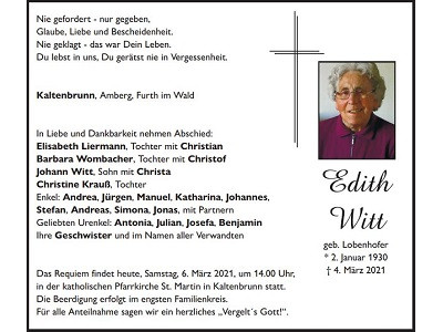 Traueranzeige Barbara Witt, Kaltenbrunn