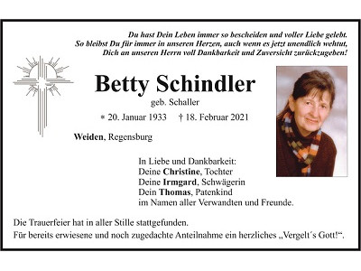 Traueranzeige Betty Schindler, Weiden