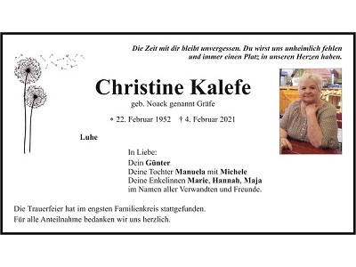 Traueranzeige Christine Kalefe, Luhe