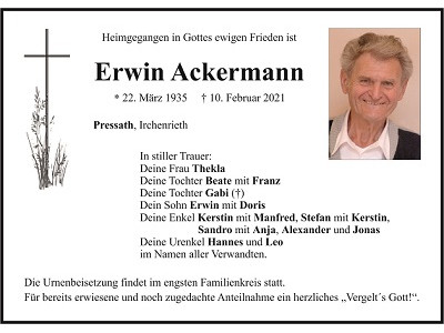 Traueranzeige Erwin Ackermann, Pressath