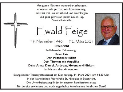 Traueranzeige Ewald Feige, Etzenricht