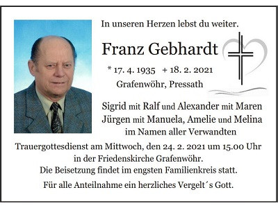 Traueranzeige Franz Gebhardt, Grafenwöhr