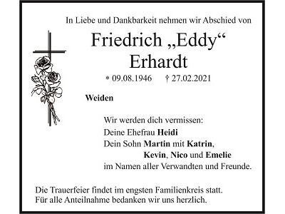 Traueranzeige Friedrich „Eddy“ Erhardt, Weiden