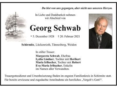 Traueranzeige Georg Schwab, Schirmitz