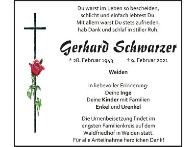 Traueranzeige Gerhard Schwarzer, Weiden