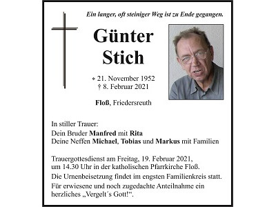 Traueranzeige Günter Stich, Floß