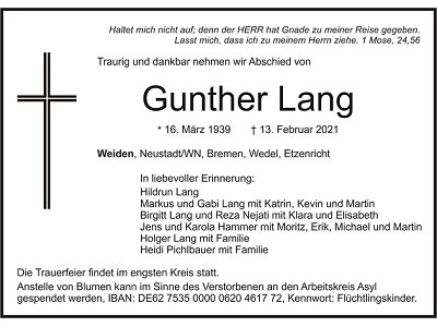 Traueranzeige Gunther Lang, Weiden