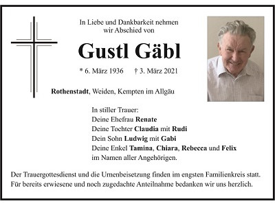 Traueranzeige Gustl Gäbl, Rothenstadt