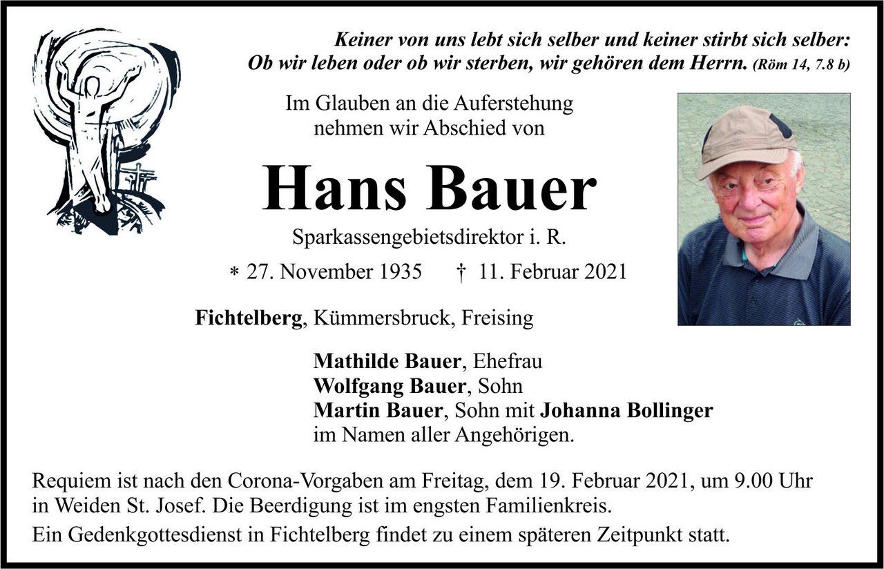 Traueranzeige Hans Bauer, Fichtelberg