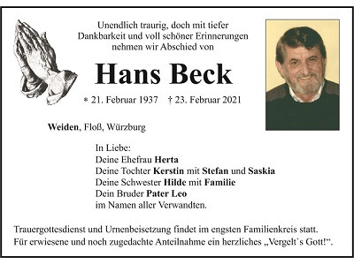 Traueranzeige Hans Beck, Weiden