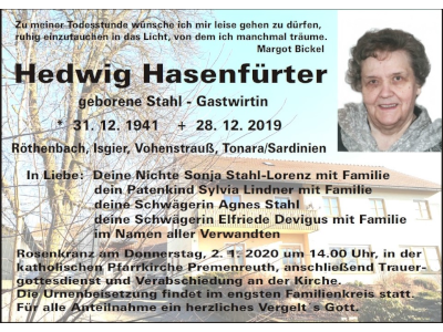 Traueranzeige Hedwig Hasenfürter, Vohenstrauß