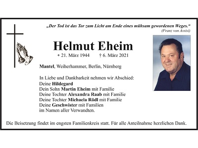 Traueranzeige Helmut Eheim, Mantel