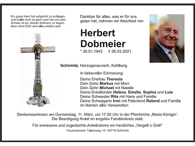 Traueranzeige Herbert Dobmeier, Schirmitz