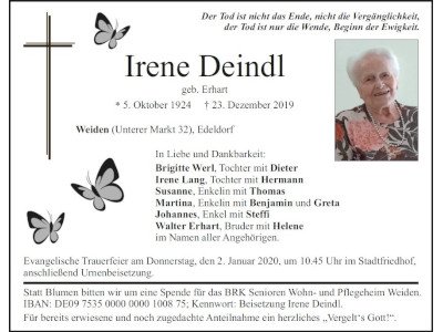Traueranzeige Irene Deindl, Weiden