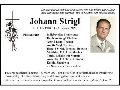 Traueranzeige Johann Strigl, Flossenbürg