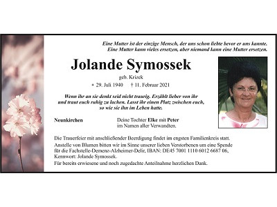 Traueranzeige Jolande Symossek, Neunkirchen