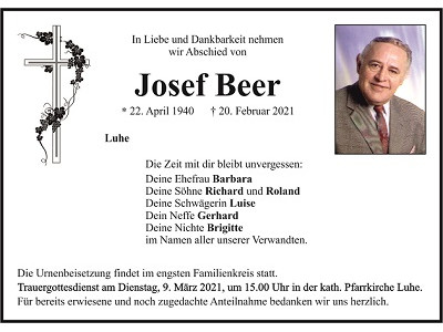 Traueranzeige Josef Beer, Luhe