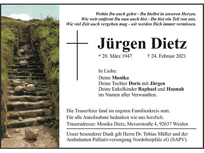 Traueranzeige Jürgen Dietz, Weiden