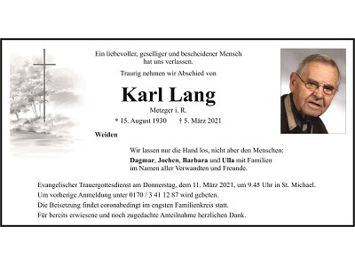 Traueranzeige Karl Lang, Weiden