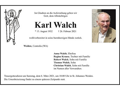 Traueranzeige Karl Walch, Weiden