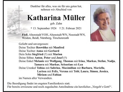 Traueranzeige Katharina Müller, Floß