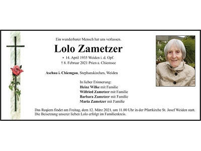 Traueranzeige Lolo Zametzer, Weiden