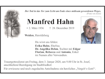 Traueranzeige Manfred Hahn, Weiden