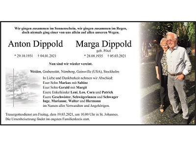 Traueranzeige Marga und Anton Dippold, Weiden