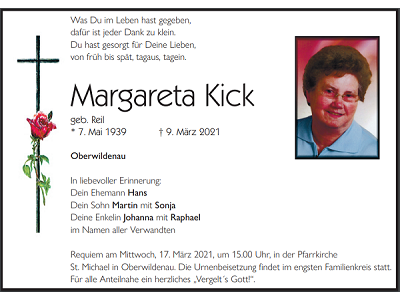 Traueranzeige Margareta Kick, Oberwildenau