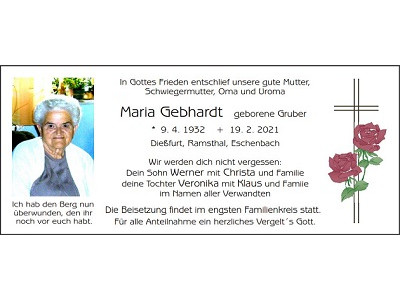 Traueranzeige Maria Gebhardt, Dießfurt