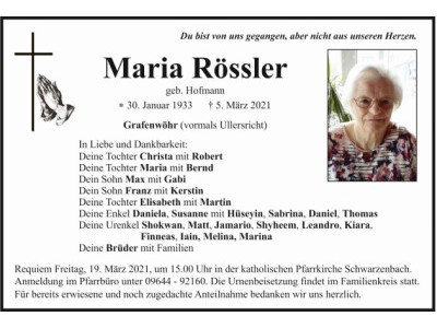 Traueranzeige Maria Rössler, Grafenwöhr