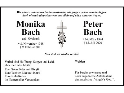 Traueranzeige Monika und Peter Bach, Weiden