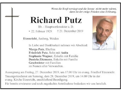 Traueranzeige Richard Putz, Etzenricht