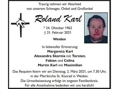 Traueranzeige Roland Karl, Weiden
