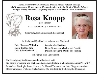 Traueranzeige Rosa Knopp, Schirmitz