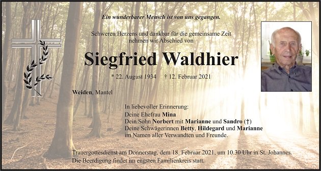 Traueranzeige Siegfried Waldhier, Weiden