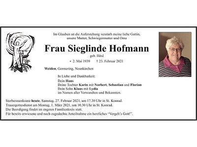 Traueranzeige Sieglinde Hofmann, Weiden