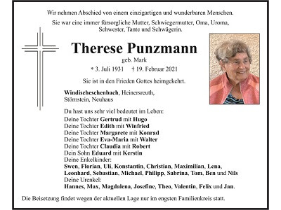 Traueranzeige Therese Punzmann, Windischeschenbach