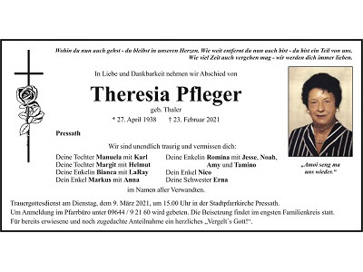 Traueranzeige Theresia Pfleger, Pressath