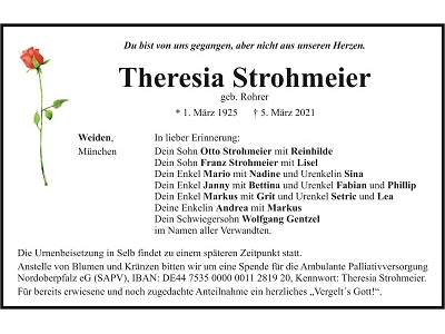 Traueranzeige Theresia Strohmeier, Weiden