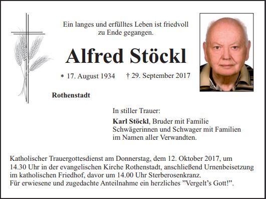Traueranzeige Alfred Stöckl, Rothenstadt